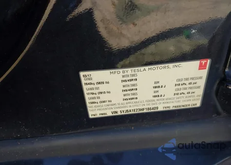 2017 Tesla Model S 100D/60D/75D/90D/P100D z USA, uszkodzony, nr VIN 5YJSA1E23HF186409